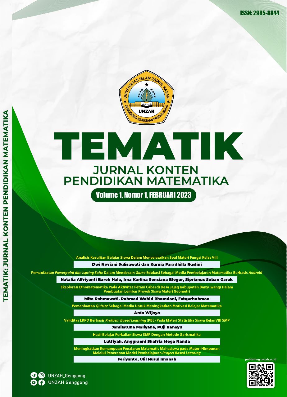 					View Vol. 1 No. 2 (2023): TEMATIK: Jurnal Konten Pendidikan Matematika
				